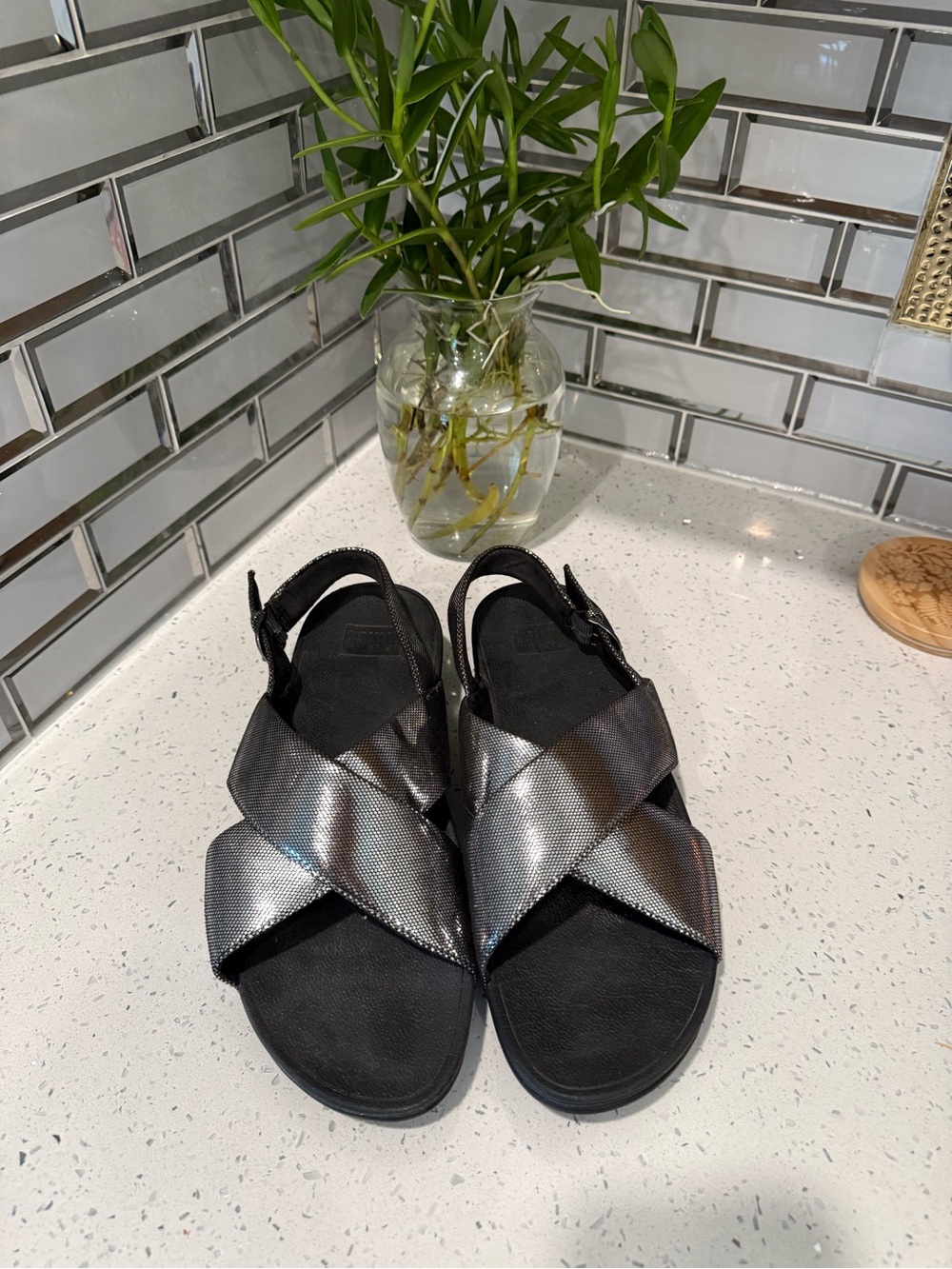 Zumba Fitness Metallic Charcoal Crisscross Slingback Sandals